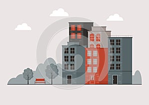 A small town with a park. Urban landscape in minimal geometric flat design. Vector Illustration.