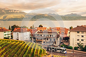 Small town situated between lake Geneva and Lavaux vineyards, Lausanne region, Switzerland