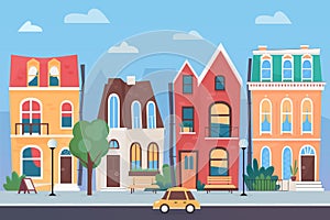 Small town street cartoon vector illustration cityscape, cute spring or summer urban landscape. Funny colored houses