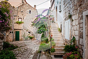 Small town street view in Mali Ston, Croatia