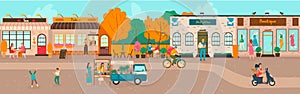 Small town streets, people walking, houses of bakery, cafe and shops old european architecture cityscape cartoon vector