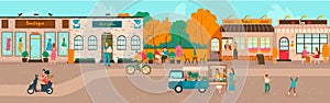 Small town streets, people walking, houses of bakery, cafe and shops old european architecture cityscape cartoon vector