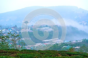 A small town under a tea hill valley in the morning