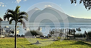 A small town with the view of Lake Atitlan and volcanoes in Guatemala