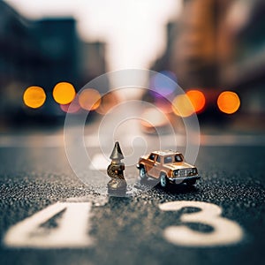 Small toy car on top of an orange traffic cone. The toy car is positioned in front of larger vehicle, which could be