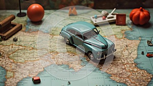 A small toy car on a world map or road map