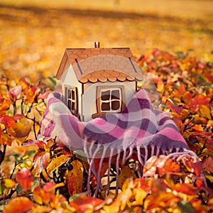 A small toy house in the autumn park is wrapped in a warm cozy scarf, keep warm, heating season, gas and electricity costs