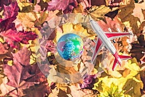 Small toy plane flying around globe Earth on the colorful autumn maple leaves background in the forest. Travel concept.