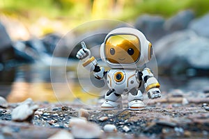 A small toy robot stands on a rocky surface, pointing at a space.