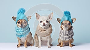 Small Toy Terrier dogs dressed in winter clothes, a scarf and a hat