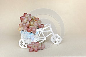 Small toy white bicycle with a basket and a bunch of red grapes