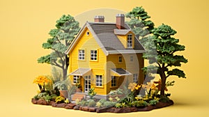 Small toy wooden yellow house surrounded by green plants and trees on vibrant yellow background