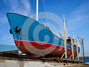 Small traditional boat in a shipyard for renovations and maintenance