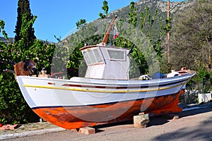 Maintenance on Greek Wooden Fishing Boat, Greece