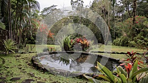 A small tranquil pond surrounded by tall trees and colorful shrubs. Indigenous healers often come here to connect with