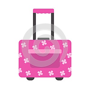 Small travel suitcase for hand luggage, pink with flowers, made of polycarbonate with wheels, on a white background