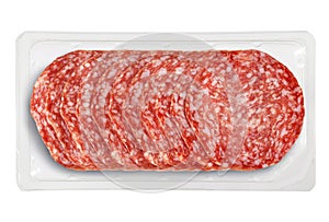 Small Tray Packaged of Presliced Salame photo