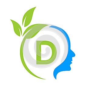 Small Tree Brain On D Letter Logo Design. Leaf Head Sign Template Healthcare And Fitness, Eco Leaf Thinking Head Concept Vector