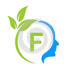 Small Tree Brain On F Letter Logo Design. Leaf Head Sign Template Healthcare And Fitness, Eco Leaf Thinking Head Concept Vector