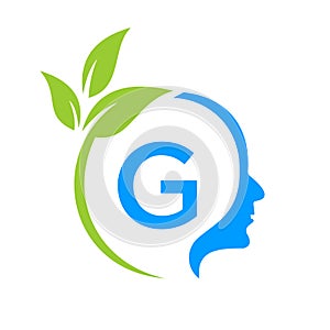 Small Tree Brain On G Letter Logo Design. Leaf Head Sign Template Healthcare And Fitness, Eco Leaf Thinking Head Concept Vector