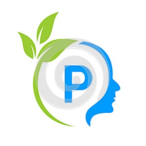 Small Tree Brain On P Letter Logo Design. Leaf Head Sign Template Healthcare And Fitness, Eco Leaf Thinking Head Concept Vector