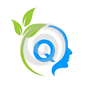 Small Tree Brain On Q Letter Logo Design. Leaf Head Sign Template Healthcare And Fitness, Eco Leaf Thinking Head Concept Vector