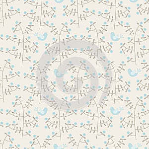 Small tree branch and brids seamless pattern vector background