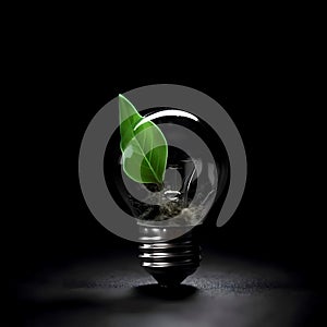 A small tree growing on a coin inside an energy-saving lamp on black background