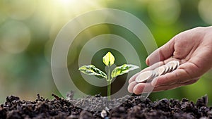 Small tree growing on ground in morning light and hands giving coins to tree.