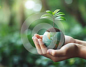 Small Tree Growing on Miniature Earth Held in Hands Symbolizing Environmental Care