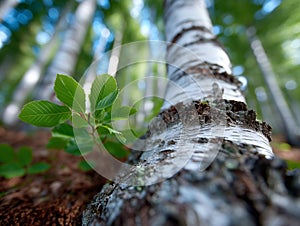 A small tree growing out of the bark of a birch tree in a forest