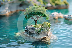 A small tree grows atop a rock in the midst of water, showcasing resilience and adaptation to harsh environments