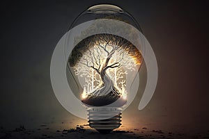 A small tree planted in an energy-saving light bulb. Concept of energy saving, renewable energy. Generative AI