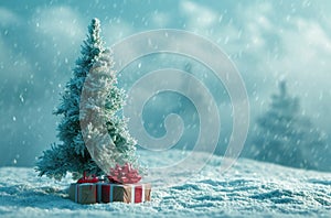 a small tree and presents in the snow