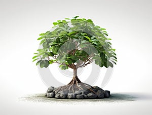 Small tree with single root growing out of ground. It is surrounded by rocks, giving it an earthy and natural look. The