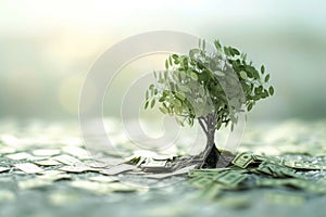 A small tree stands on top of a pile of money, symbolizing prosperity and growth, Growth of a money tree symbolising escalating