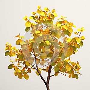 Small tree with yellow leaves, standing on top of white pedestal. It is placed in center of an empty room or space