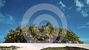 Small tropical island with palm trees, white sand and some rocks, Philippines