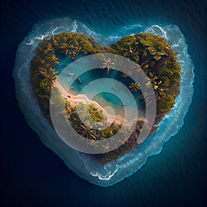 small tropical island in the shape of a heart in the waves of the ocean