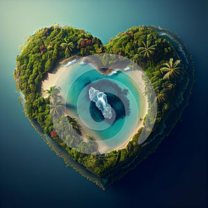 small tropical island in the shape of a heart in the waves of the ocean