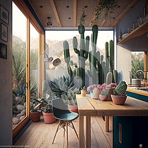 A small tropical villa featuring a dining area and cactus plant
