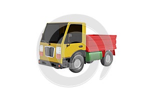 Small truck car with a body cartoon style realistic design yellow, red, green color. Kids toy isolated white background.