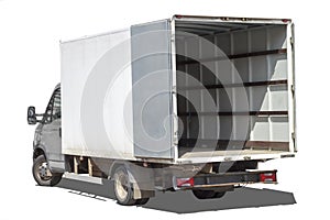 small truck with red cab stands with open empty body ready for loading cargo. ?lipping path is included photo