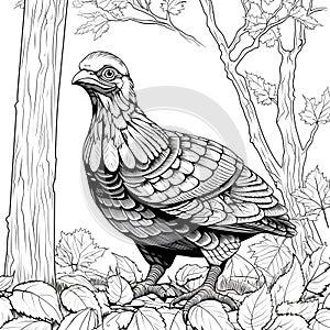 Small turkey standing on the leaves around the tree black and white coloring book. Turkey as the main dish of thanksgiving for the