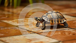 Small turtle ambles across a tile floor, its shell glinting in the ambient light, Ai Generated