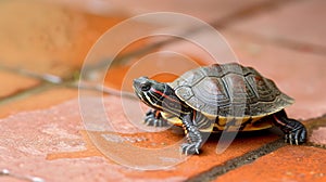Small turtle ambles across a tile floor, its shell glinting in the ambient light, Ai Generated