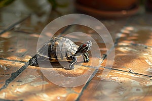 Small turtle traverses tile floor, shell glinting in ambient light