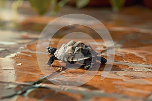 Small turtle traverses tile floor, shell glinting in ambient light