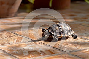 Small turtle traverses tile floor, shell glinting in ambient light