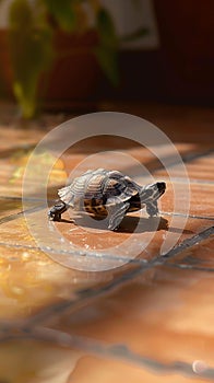 Small turtle traverses tile floor, shell glinting in ambient light